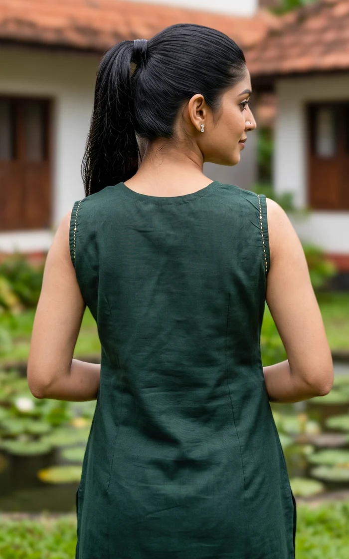 Bottle Green Handblock Straight Cut Kurti with Thread and Mirror Embroidery